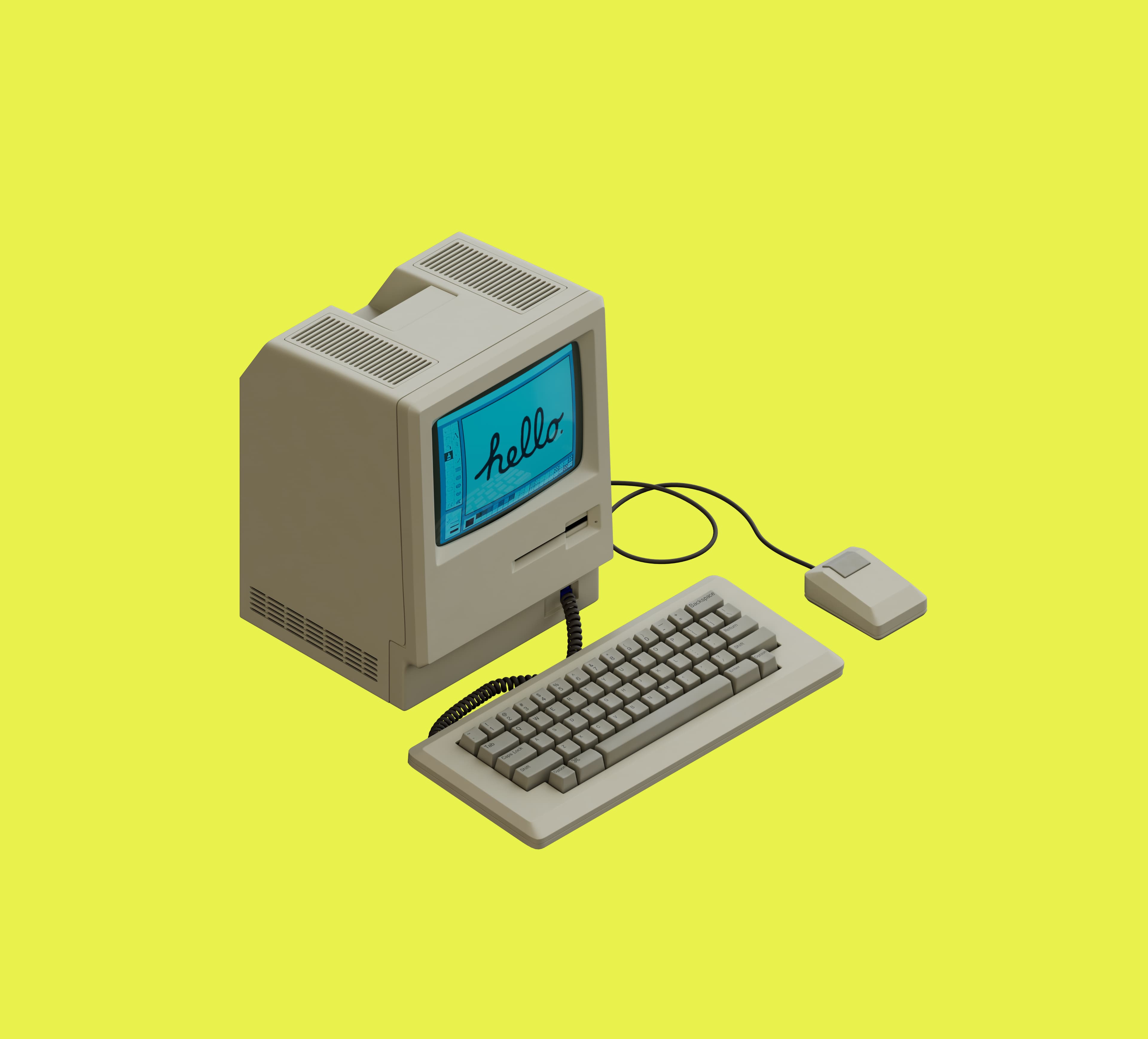 Image with a yellow background and an old computer with keyboard and a mouse. On display it says hello