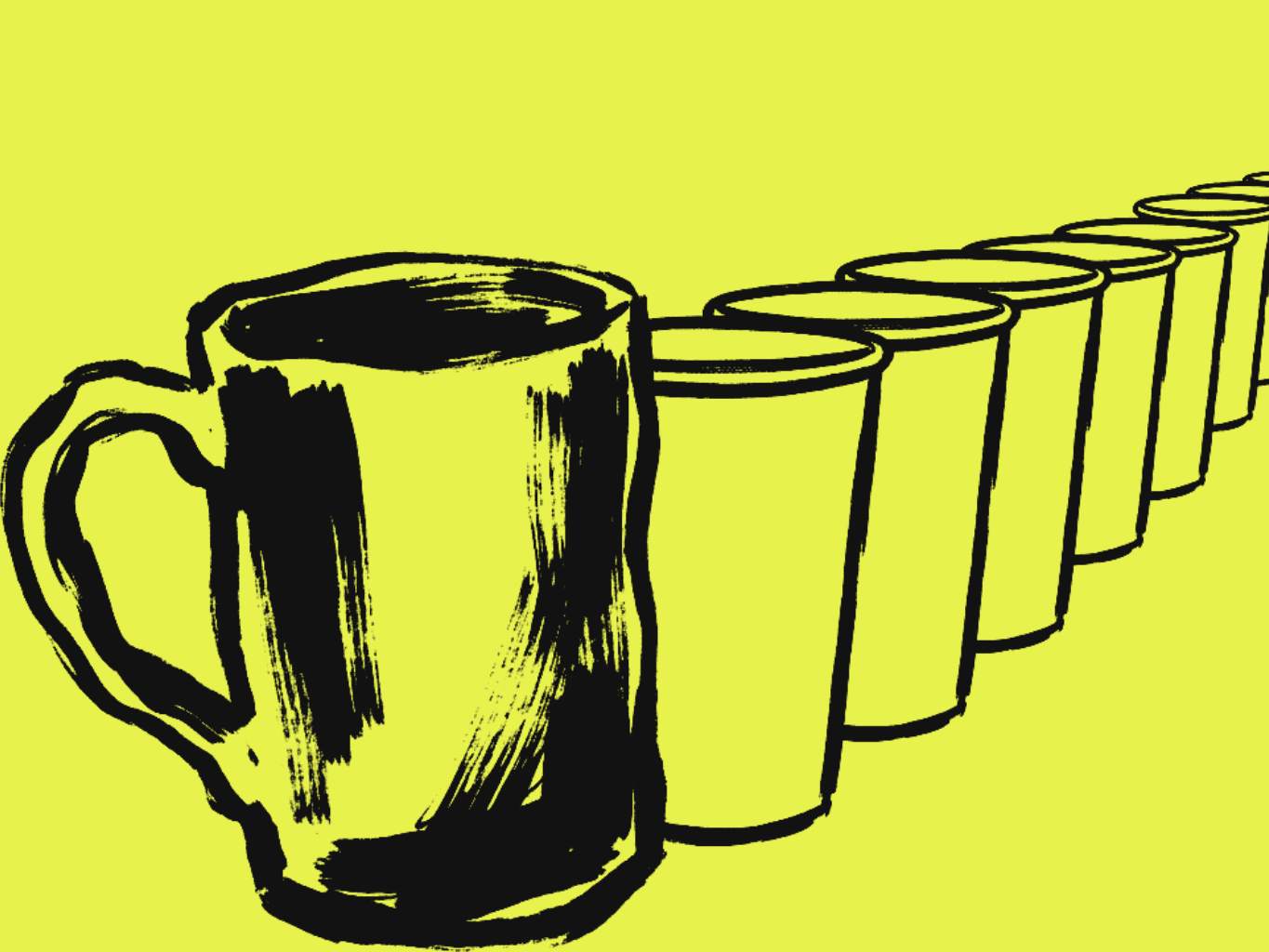 A charmingly uneven handmade ceramic mug standing out against a straight row of identical paper cups.